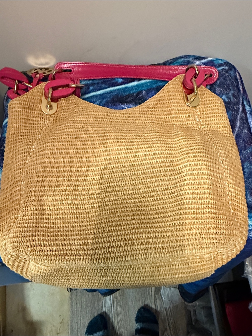 Michael Kors Straw Shoulder Tote with Pink Trim and Gold Hardware - Picture 10 of 15